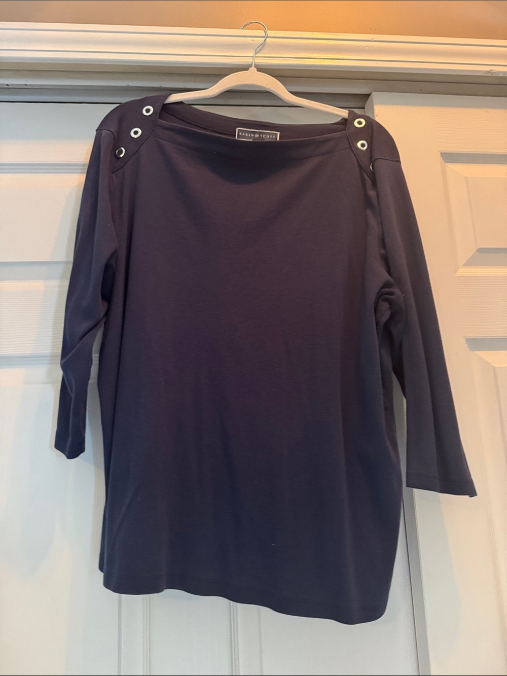 Karen Scott Navy Long-Sleeve Tee with Grommet Shoulder Detail
